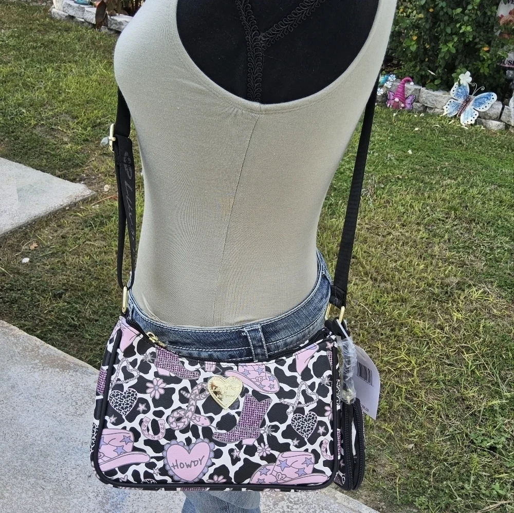 BETSEY JOHNSON LUV BETSEY BLACK/MULTI COLOR CROSSBODY w/WEB STRAP n POUCH